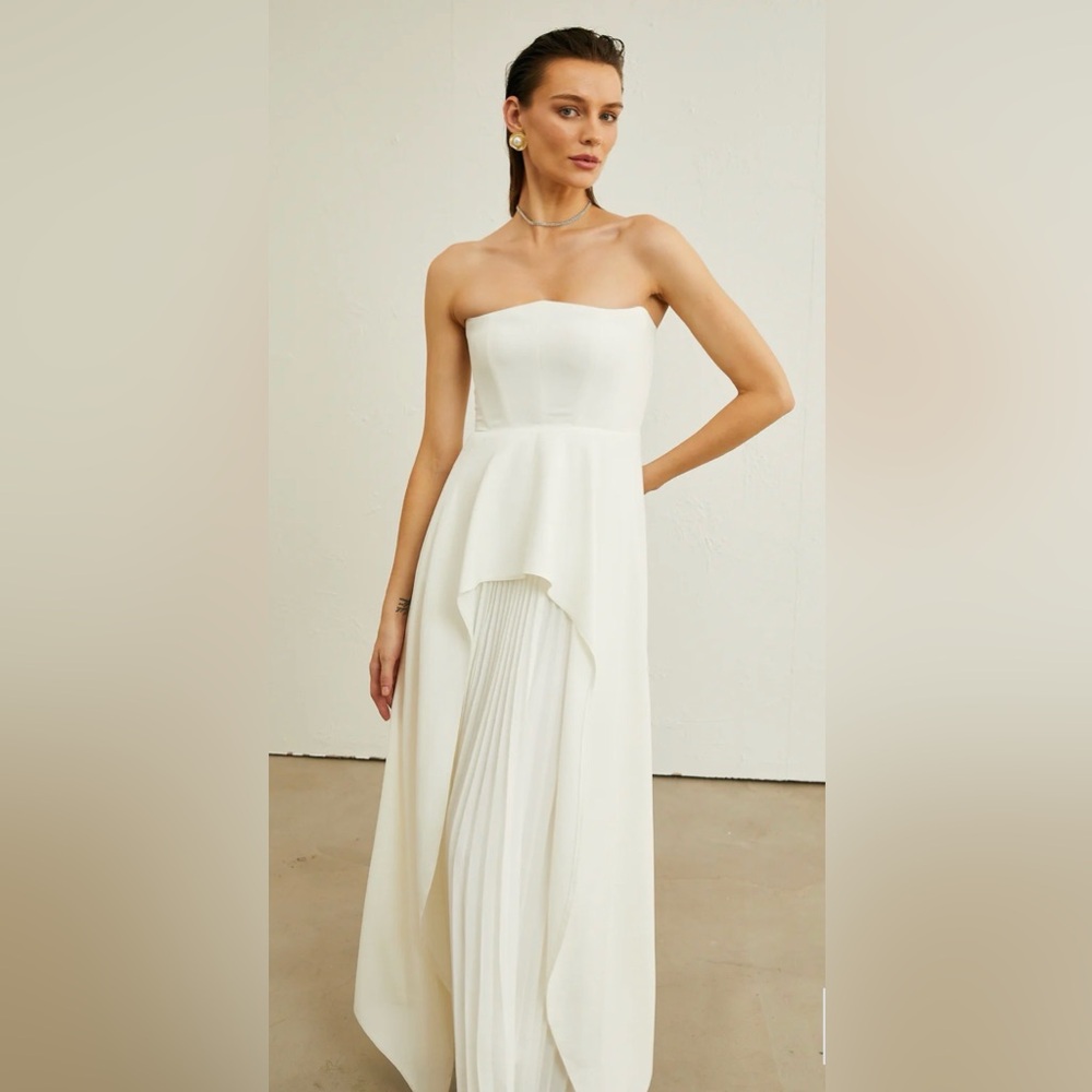 Strapless White Prom Dress with Draped Overlay